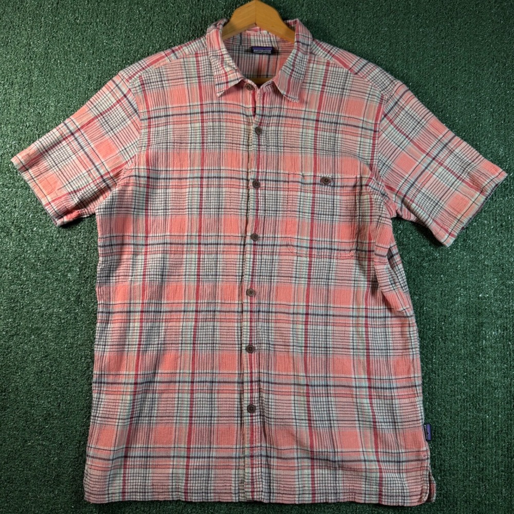 Patagonia Shirt Mens L Coral Pink Good Organic Cotton Plaid Short Sleeve Button